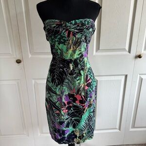 Anthropologie Strapless Tropical Print Dress in Black, Green, Purple